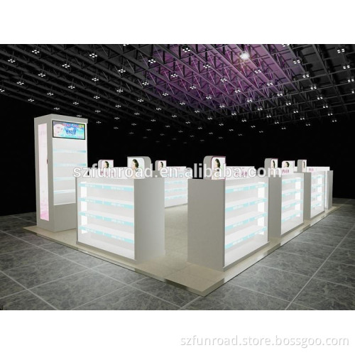 cosmetic kiosk design with cosmetic display showcase